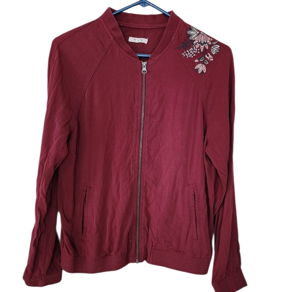 Maurices Red Bomber Jacket with Floral Embroidery Size M